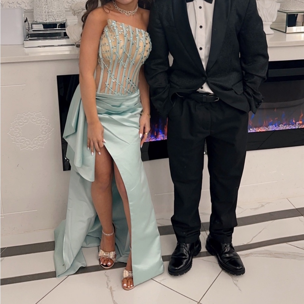 Elegant Strapless Gown in Light Blue and beige see thru with split